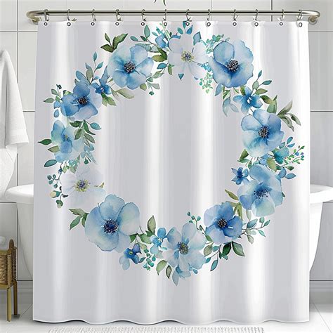 Whimsical Watercolor Blooms HighRes Blue Floral Wreath Shower Curtain