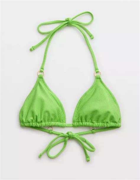 Aerie Swim Shine Rib String Triangle Bikini Top MEDIUM Harlequin Green
