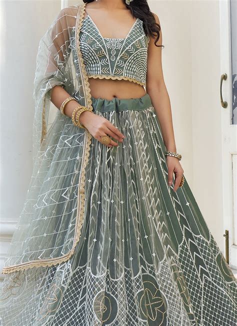 Shop Green Net Embroidered Umbrella Lehenga Party Wear Online At Best