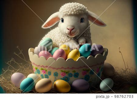 Cute Easter Lamb In A Basket Of Eggs Ai Pixta