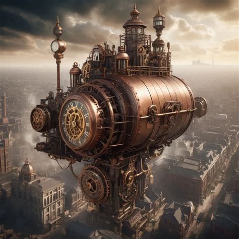 Airship Soaring Above A Clockwork City Steampunk Ae