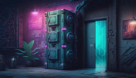 Premium Photo Futuristic Hallway With Glowing Neon Door Generative Ai