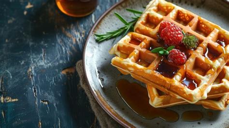 Premium Photo Belgian Waffles With Raspberries Syrup And Rosemary Garnish