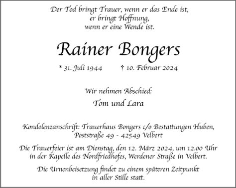 Traueranzeigen Von Rainer Bongers Trauer In NRW De