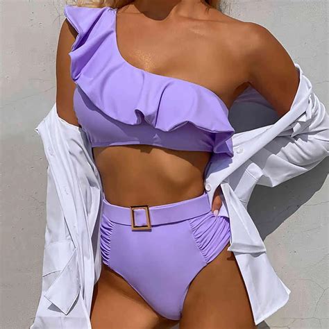 High Waist One Shoulder Ruffle High Waisted Bikini Set With Belt Sexy