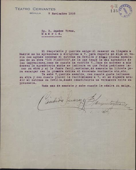 Carta De C Ndida Y Blanquita Su Rez A Amadeo Vives Pidi Ndole Su Obra