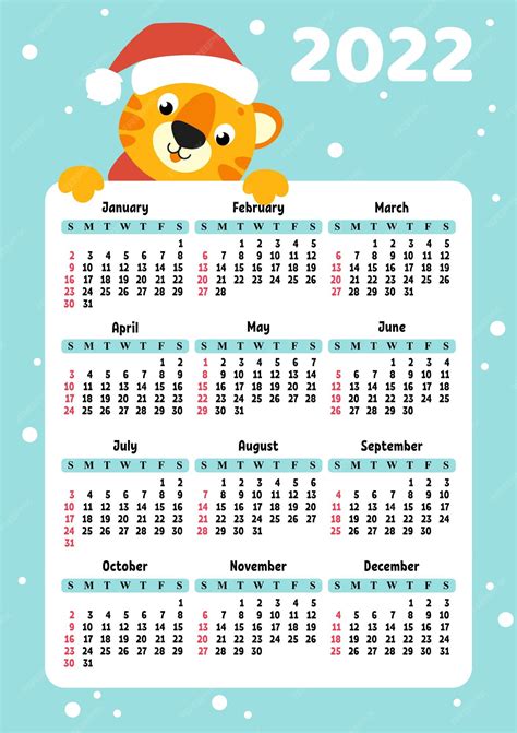 Календарь на 2022 год с милым тигром-символом нового года | Премиум векторы