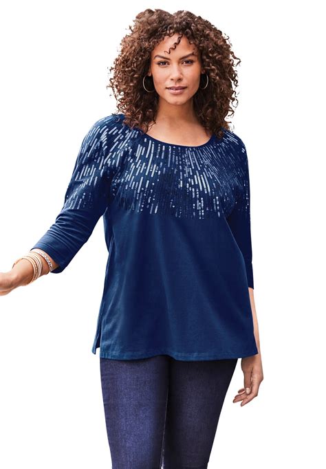 Roamans Roamans Womens Plus Size Three Quarter Sleeve Embellished