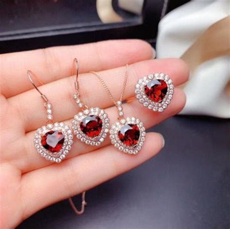 Natural Red Garnet Jewelry Set Engagement Ring Red Garnet Etsy