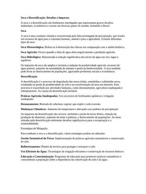 Desafio Da Seca Texto - Seca e Desertificação: Desafios e Soluções | PDF | Seca | Agricultura