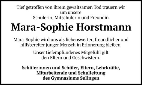 Traueranzeigen Von Mara Sophie Horstmann Trauer Kreiszeitung De