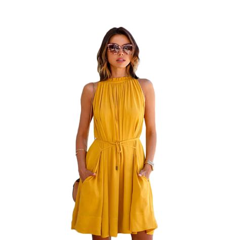 Summer Yellow Halter Neck Sleeveless Pleated Dress Solid Color Elegant