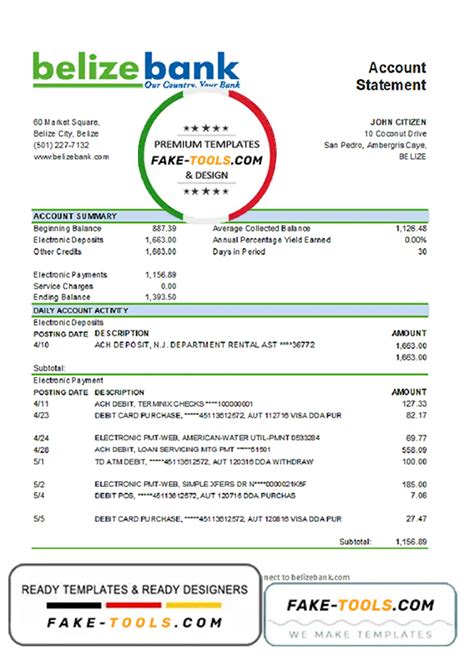 Belize Belizebank Bank Statement Easy To Fill Template In Xls And Pdf