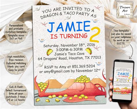 Dragons Love Tacos Birthday Invitation I Birthday Party Invite I