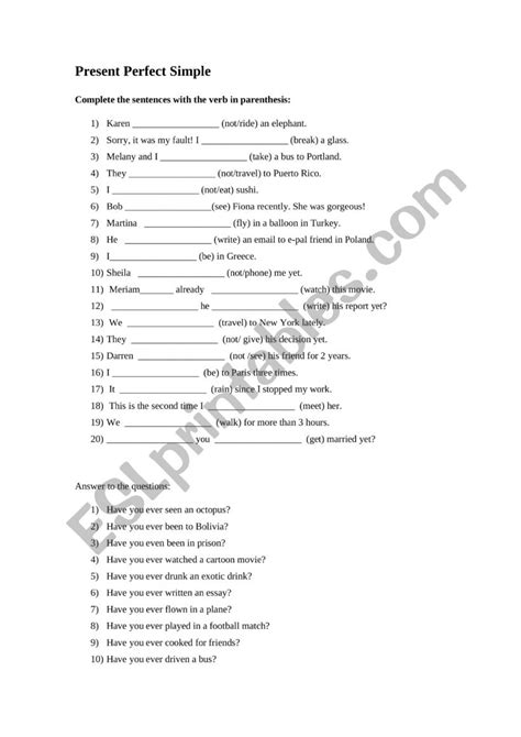 Present Perfect Simple Esl Worksheet By Pam143