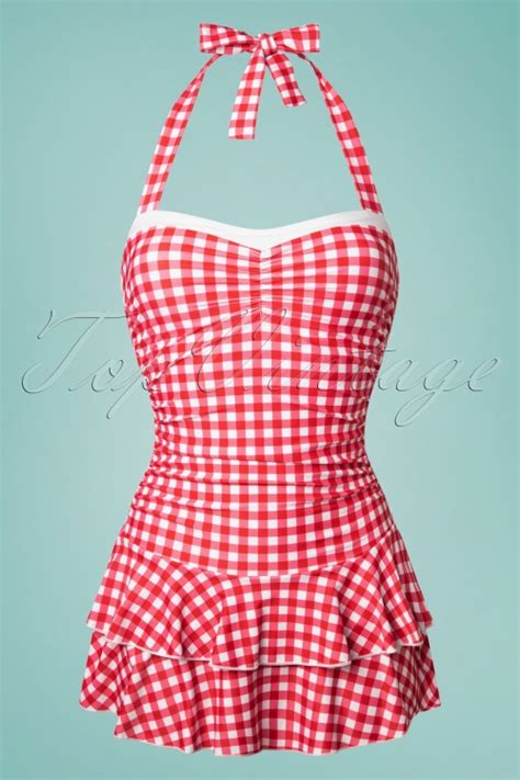 Pussy Deluxe Klassischer Gingham Neckholder Badeanzug in Rot und Weiß Einkaufen bei Topvintage