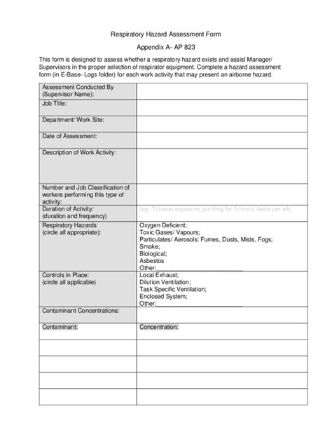 Fillable Online Respiratory Hazard Assessment Form Appendix A AP 823