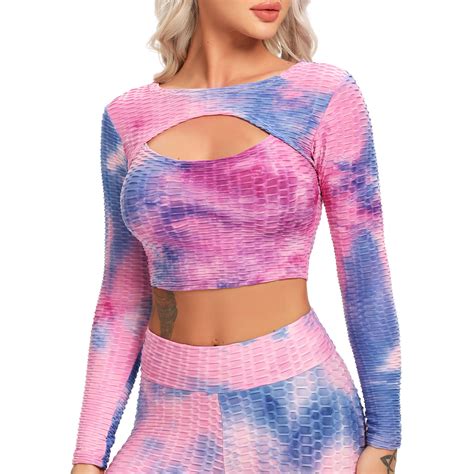 SEASUM Women S Long Sleeve Yoga Crop Top Tie Dyed Open Front Back