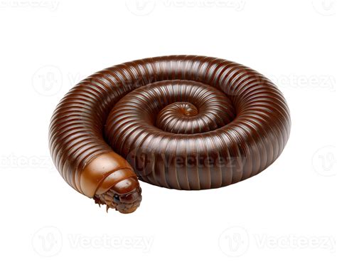 Brown millipede curled into tight spiral in defensive posture. Close up