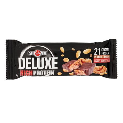 มูซาชิดีลักโปรตีนบาร์พีนัทครั้นซ์ 60กรัม Musashi Deluxe Protein Bar Peanut Crunch 60 Gm