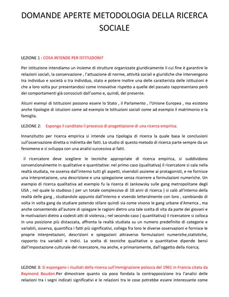 Aperte Metodologia DOMANDE APERTE METODOLOGIA DELLA RICERCA SOCIALE