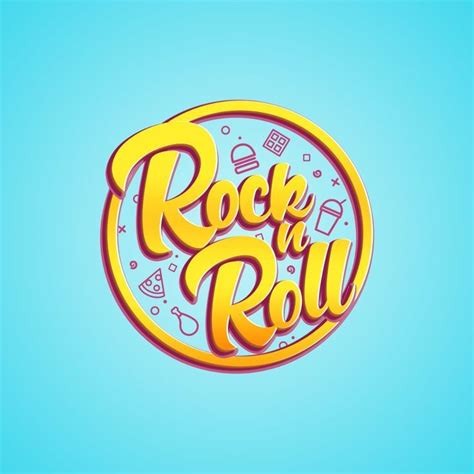 the rock and roll logo is shown on a blue background with yellow ...