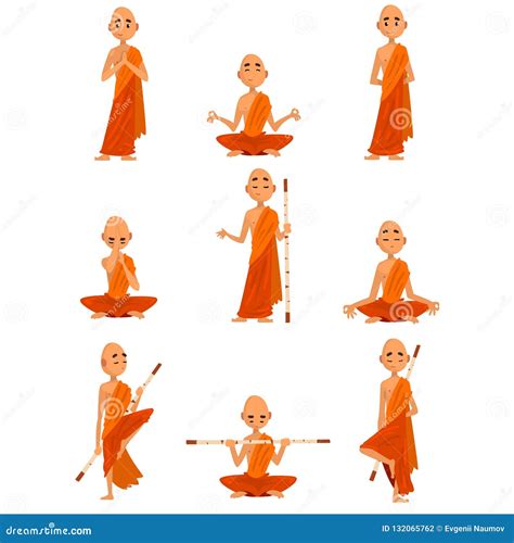 Buddhist Monks Cartoon Characters In Different Poses Set Monk In