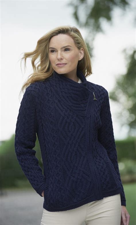 Ladies Navy Side Zip Aran Cardigan Skellig T Store