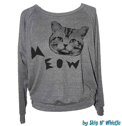 Womens Cat Sweatshirt Meow Face Long Sleeve Raglan Pullover Etsy