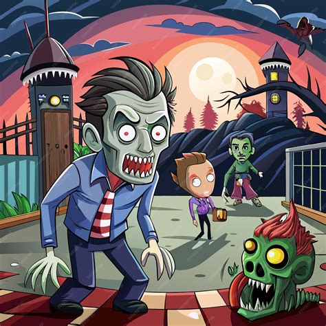 Zombie Halloween character in scary forest swamp Cartoon eerie
