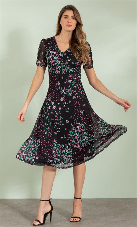 Floral Printed Mesh Midi Dress In Black Klass