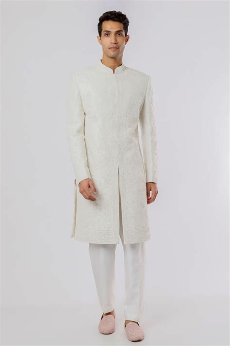 Buy White Raw Silk Embroidered Floral Motifs Sherwani Set For Men By