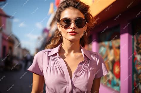 Premium Photo Woman In Purple Shirt And Sunglasses