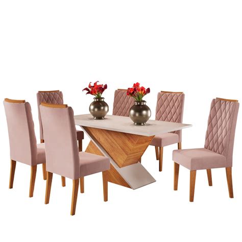 Mesa de Jantar 6 Lugares Poliana Mel Blonde Veludo Rosa Viero Móveis