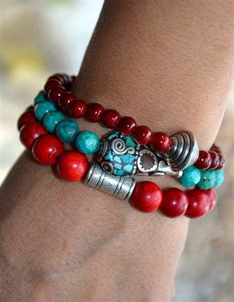 Set Of 3 Boho Beaded Stretch Bracelets WithTibetan Bead