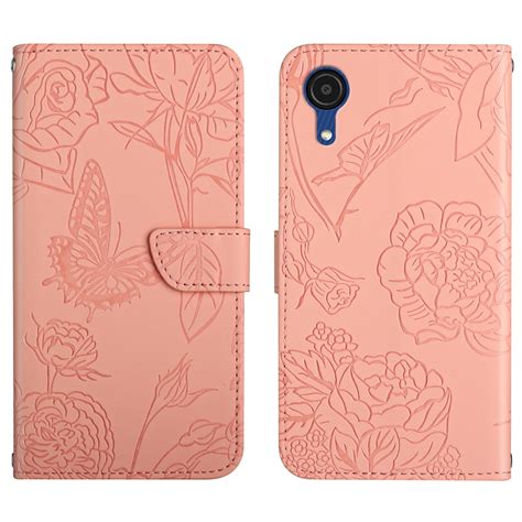 For Samsung Galaxy A03 Core Skin Feel Butterfly Peony Embossed Leather Phone Case Pink