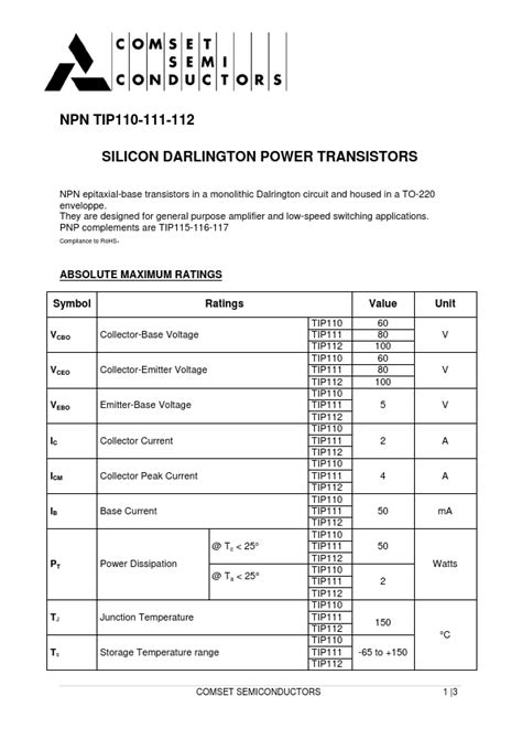 TIP110 Datasheet TIP110 TIP112 Silicon NPN Darlington Power