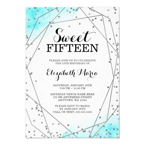 Teal Blue Glitter Geometric Sweet 15 Quincea Era Invitation Sweet