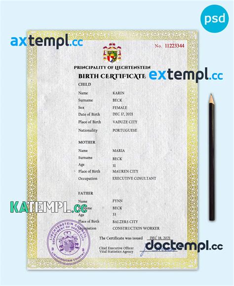 Sample Liechtenstein Vital Record Birth Certificate PSD Template Fully