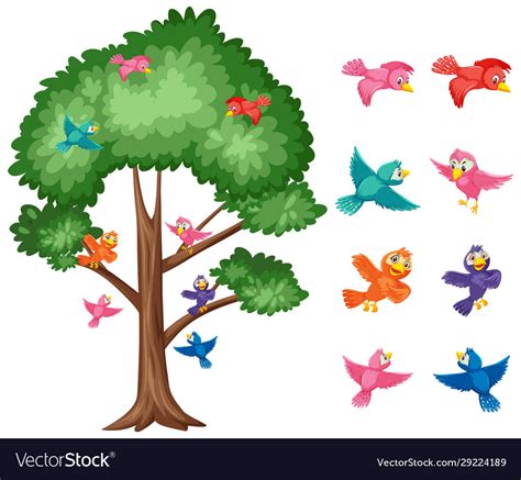 Big Tree And Colorful Birds Flying On White Vector Image