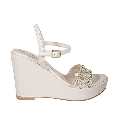Woman S Sandal In Nude Leather With Strap Rhinestones Platform And Wedge 10