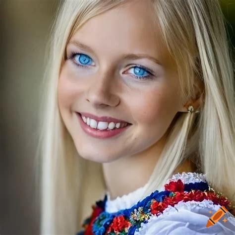 Swedish Blonde Woman In Folk Dress With Light Blue Eyes Smiling On Craiyon