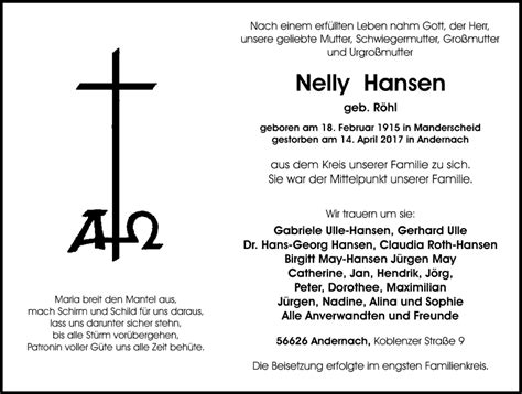 Traueranzeigen Von Nelly Hansen Rz Trauer De