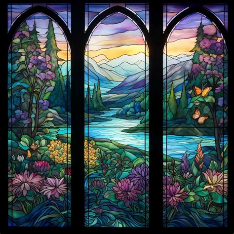 Premium Ai Image 3 Stained Glass Windows Nature Theme