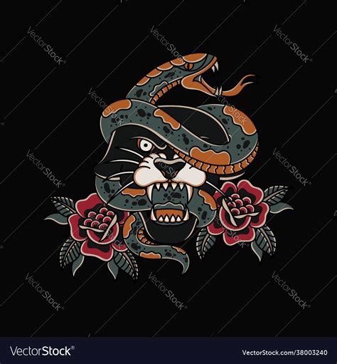 Snake lion head and roses traditional tattoo style