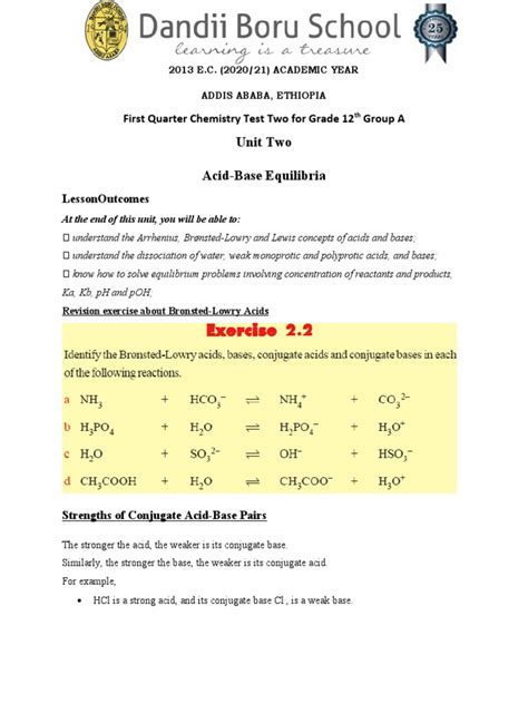 Unit Two Acid Base Equilibria First Quarter Chemistry Test Two For