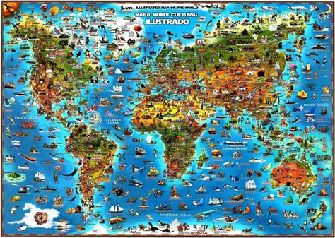 Mapa Mundi Cultural Ilustrado Hd Monumentos Rios Pa Ses Etc R