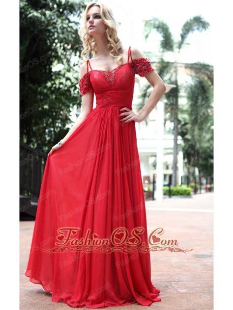 Red Empire Off The Shoulder Floor Length Chiffon Pleat And Beading Prom