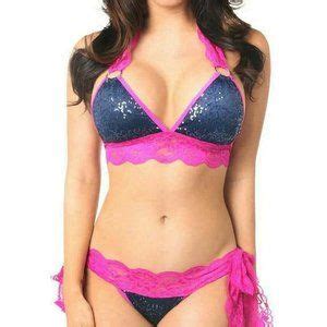 Daisy Beachwear Swim Navy Sequin Pucker Back Bikini Wfuchsia Lace