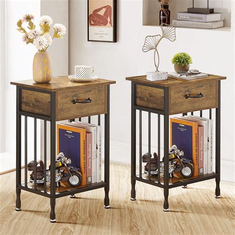 Vecelo Nightstands Set Of Industrial Side End Tables With Drawer And